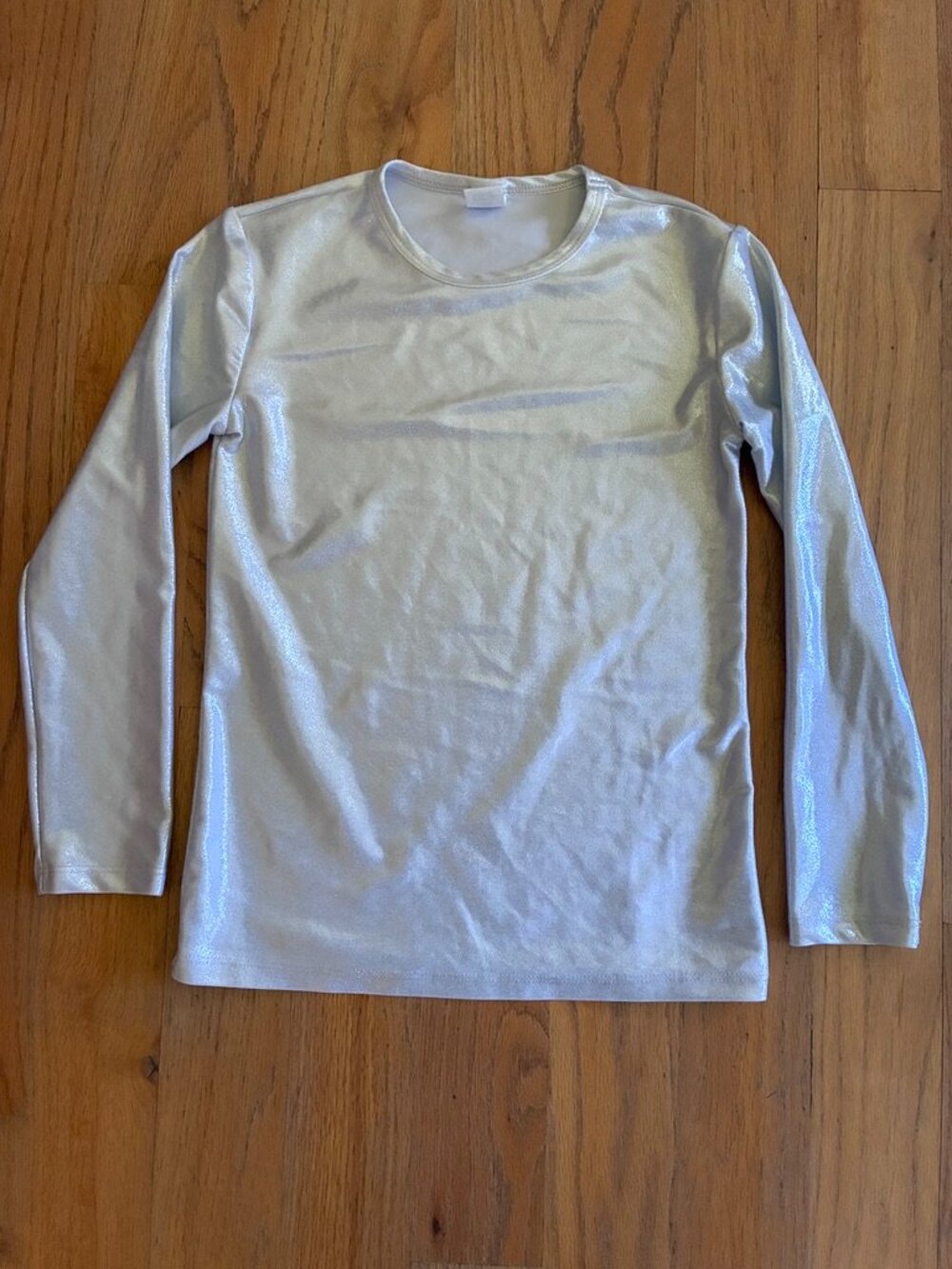 Stretch Is Comfort Girls 10 Silver Metallic Long Sleeve Dance Top
